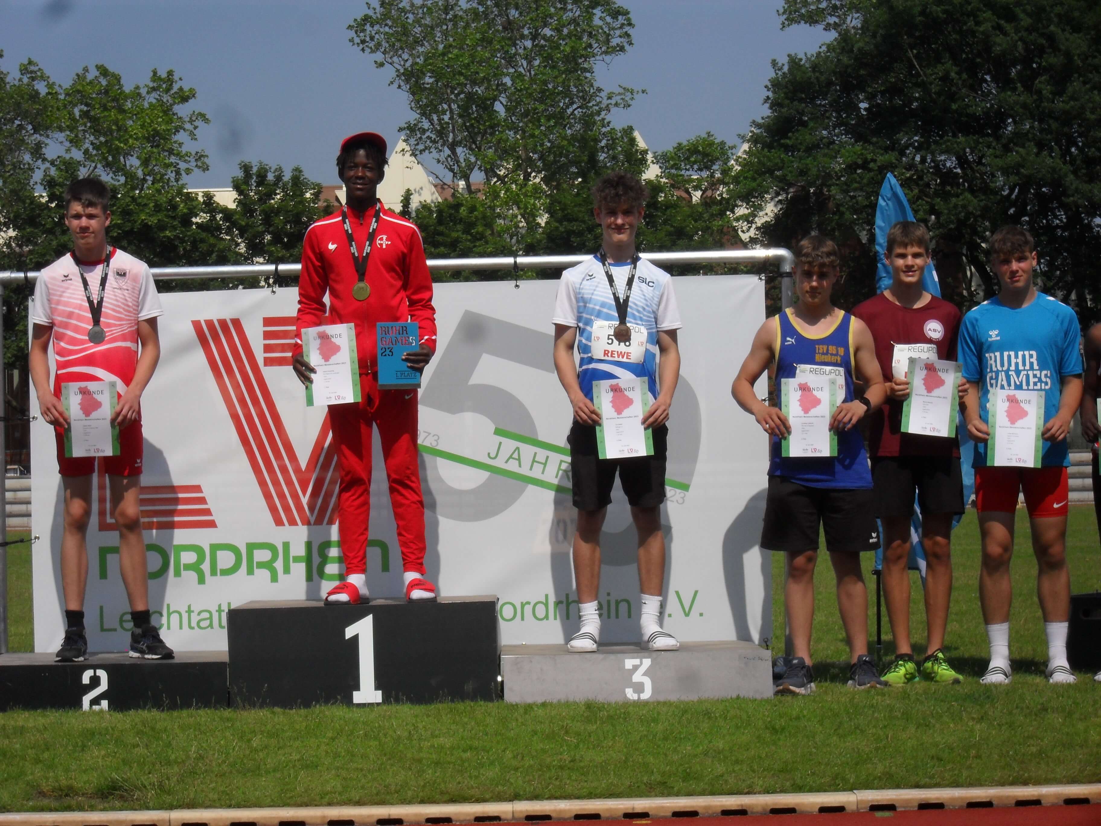 Leichtathletik:    Nordrhein-Meisterschaften in Duisburg Vereinsrekord über 100 m der Jugend M14 wackelt
