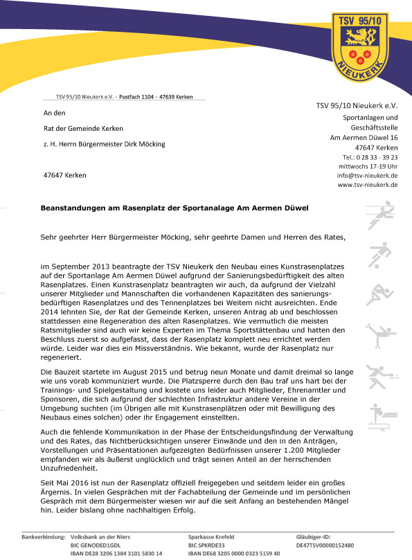 Brief an den Bürgermeister und Rat